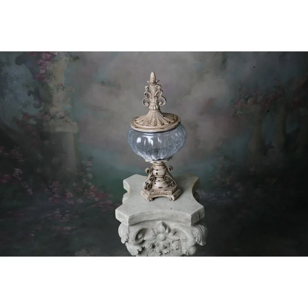 Decorative Crackle Glass Jar With Fleur-de-lis Lid Metal Work Aged - Picture 6 of 9